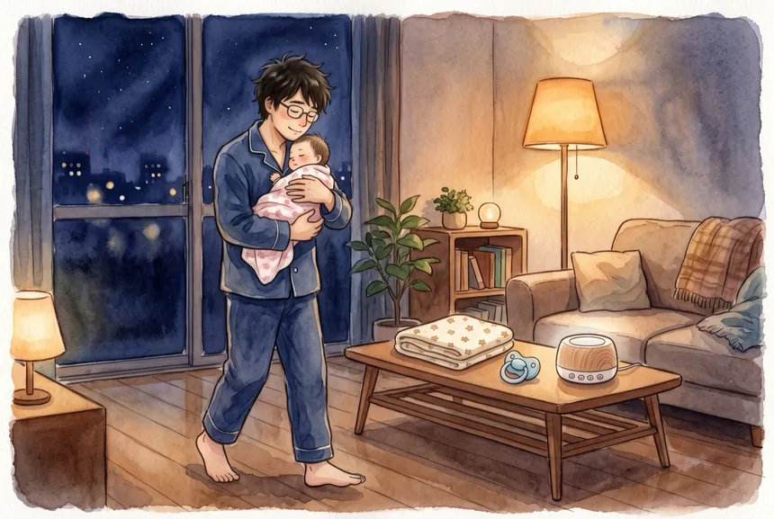 深夜のリビングで赤ちゃんを抱っこしてゆっくり歩くパジャマ姿の父親。ローテーブルにおくるみ・おしゃぶり・ホワイトノイズマシンが並ぶ(水彩イラスト)