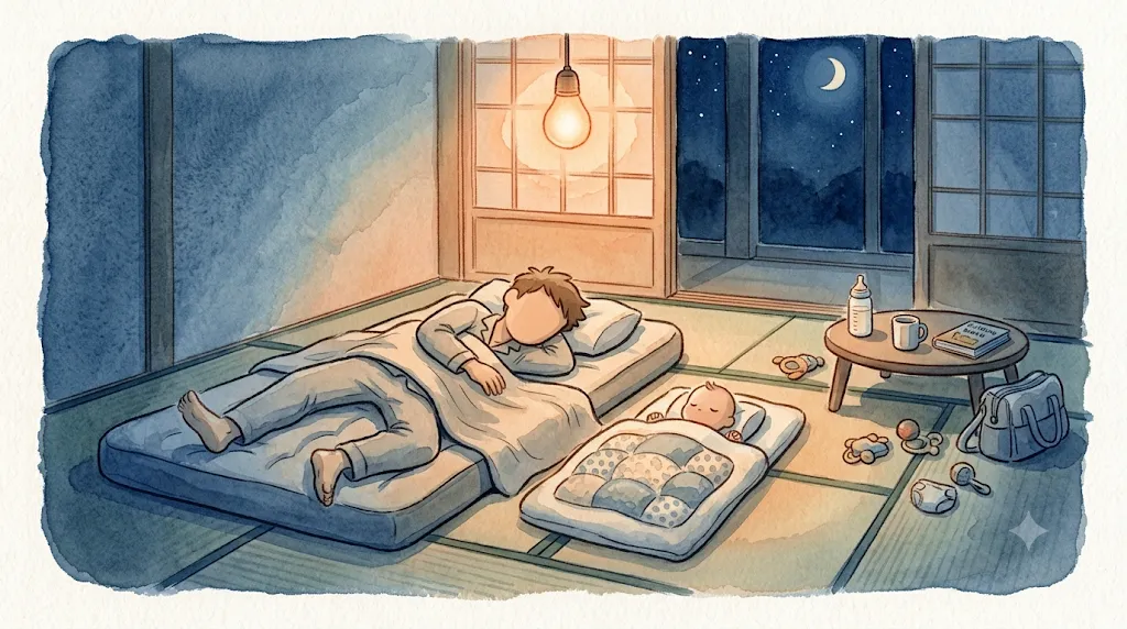 和室に敷いたエアーマットで力尽きて眠る父親と、隣のベビー布団で眠る赤ちゃん(温かい水彩風イラスト)