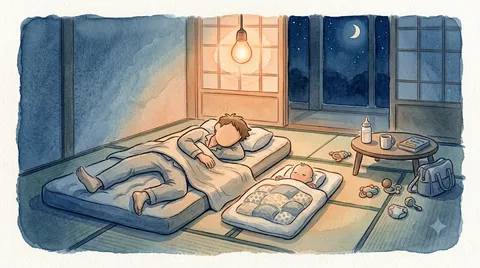 和室に敷いたエアーマットで力尽きて眠る父親と、隣のベビー布団で眠る赤ちゃん（温かい水彩風イラスト）