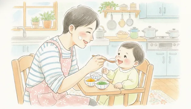 キッチンでハイチェアの赤ちゃんに離乳食をスプーンであげる、エプロン姿の親（水彩イラスト）