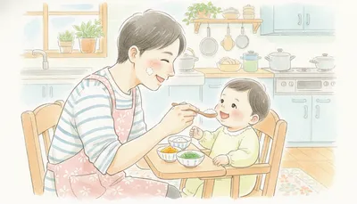 キッチンでハイチェアの赤ちゃんに離乳食をスプーンであげる、エプロン姿の親（水彩イラスト）