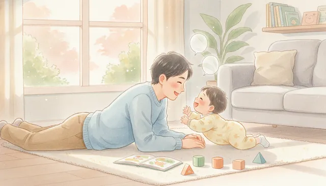 床にうつ伏せで赤ちゃんと顔を見合わせて語りかける父親。まわりに絵本と積み木（水彩イラスト）