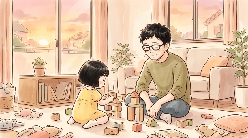 夕方のリビング。積み木に夢中の3歳の女の子と、床に座ってその様子を静かに見ている父親。窓の外は夕焼け(水彩イラスト)