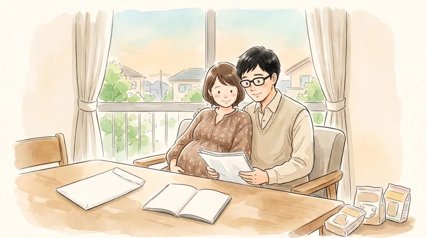 窓辺のダイニングテーブルで、おなかの大きな妊婦と黒いメガネの父親が並んで座り、封筒から出した書類を一緒に読んでいる。テーブルには封筒と開いたノート、端のほうにおむつやミルクの試供品の袋がまとめて寄せてある(水彩イラスト)
