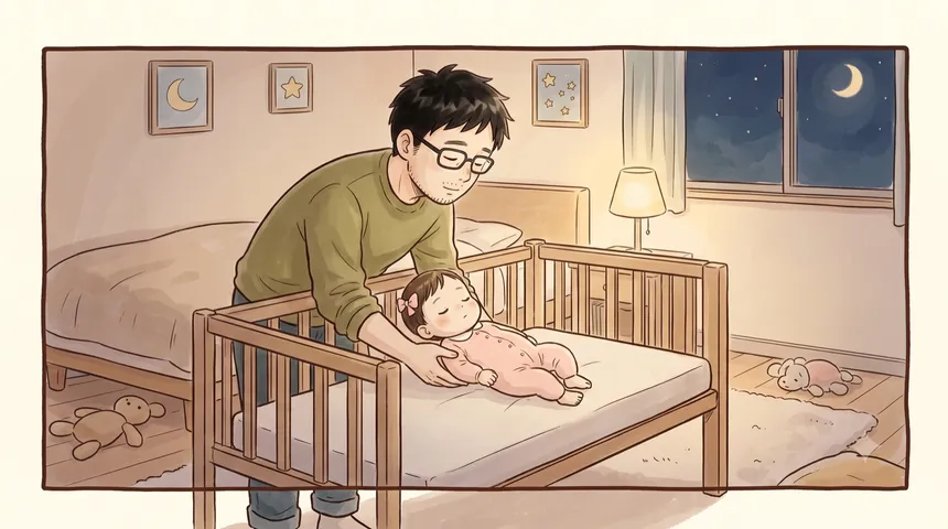 夜の寝室で、眠った赤ちゃんを平坦なベビーベッドにそっと下ろす父親。壁には月と星の絵、窓の外は三日月(水彩イラスト)