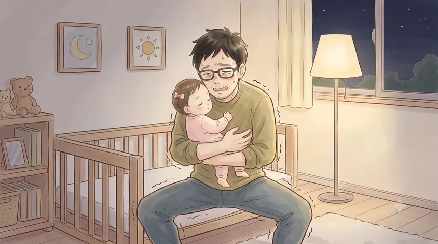 深夜のリビングで、赤ちゃんを抱っこしたまま疲れ切った表情で座り込む父親(水彩イラスト)