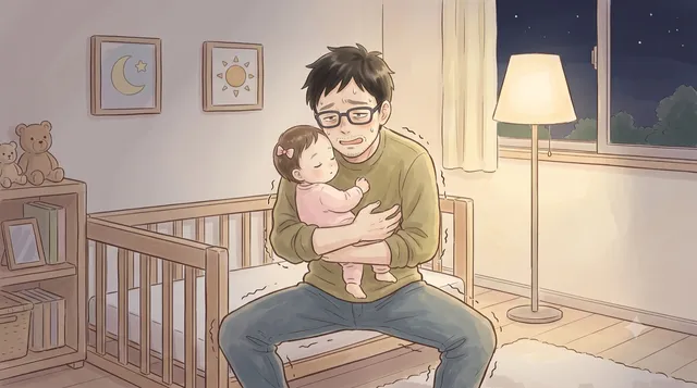 深夜のリビングで、赤ちゃんを抱っこしたまま疲れ切った表情で座り込む父親（水彩イラスト）