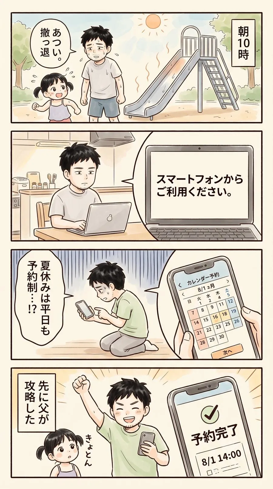 4コマ漫画。猛暑の公園から撤退した父が、予約サイトはスマホ専用だと知り、夏休みは平日も予約制だと気づき、最後に予約を取り切る。