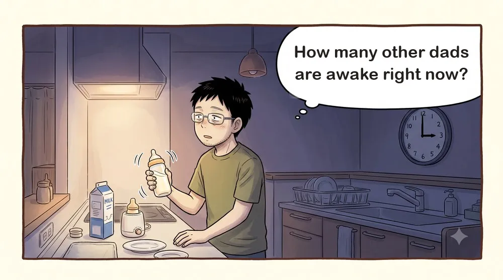 1-panel comic. 3 a.m. in a dim kitchen. A father shakes a bottle and stares at the wall, thinking: “How many other dads are awake right now?”