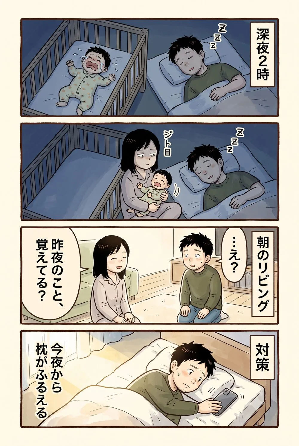 4コマ漫画。深夜2時、赤ちゃんの泣き声に気づかず熟睡する父。妻が対応し、翌朝静かに問い詰められる。対策は枕の下のスマホ。