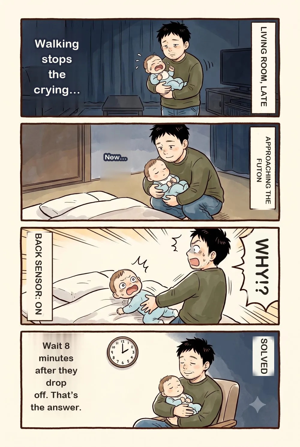 4-panel comic. Late at night, walking stops the crying. The father lowers the sleeping baby onto the futon, the back sensor fires, and the baby wails. The answer: wait eight minutes after they drop off.