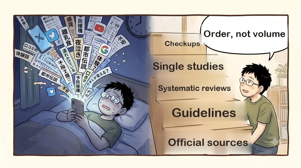 1-panel comic. On the left, a father drowns at night in a swirl of Japanese phone notifications. On the right, the same father climbs a five-step staircase: official sources, guidelines, systematic reviews, single studies, checkups. The caption reads “Order, not volume.”