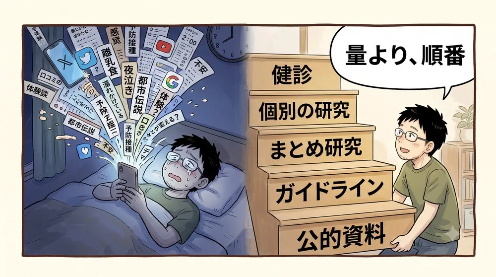 1コマ漫画。深夜スマホの情報に溺れる父と、公的資料からはじまる5段の階段を上る父。「量より、順番」
