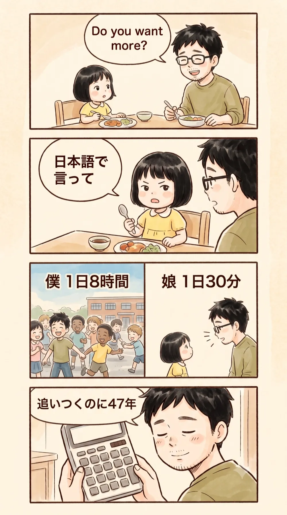 4コマ漫画。1コマ目、夕食の席で父が英語で「Do you want more?」と話しかける。2コマ目、3歳の娘がきっぱり「日本語で言って」と返す。3コマ目、左右の比較。左は子供時代の父がアメリカの校庭で友達に囲まれていて「僕 1日8時間」、右は父と娘の二人だけで「娘 1日30分」。4コマ目、父が電卓を見ながら穏やかな顔で「追いつくのに47年」。